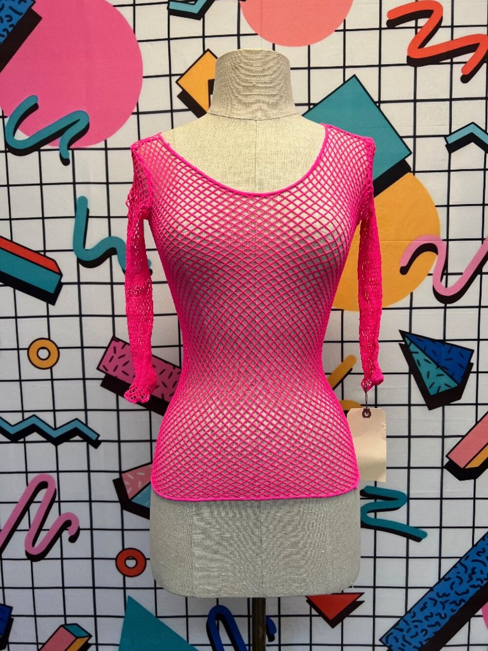 EUC Vintage 80s Hot Pink Stretch Fishnet 3/4 Sleeve Top OS